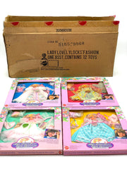 1987 Mattel Lady Lovely Locks Dolls Outfit 4 pezzi + scatola marrone nuovo vecchio stock